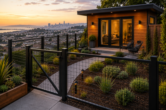 Modern black hog wire fence enclosing a Fresno backyard with drought-tolerant landscaping and contemporary outdoor living space during a Central Valley sunset.