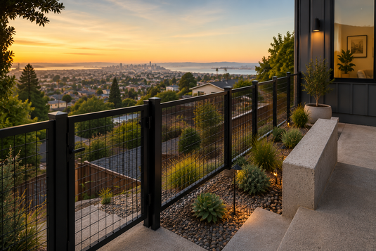 Black steel hog wire fence installed on an Oakland Hills backyard terrace overlooking the San Francisco Bay at sunset with modern drought-tolerant landscaping.