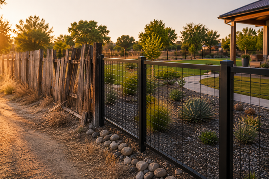 Weathered and broken wood fence beside a modern black steel hog wire fence in a Bakersfield backyard with dry landscaping and golden-hour Central Valley light.