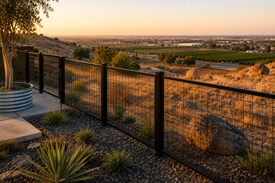 Black steel hog wire fence overlooking Anaheim Hills landscape at sunset with drought-tolerant landscaping and dry Southern California terrain during Santa Ana season