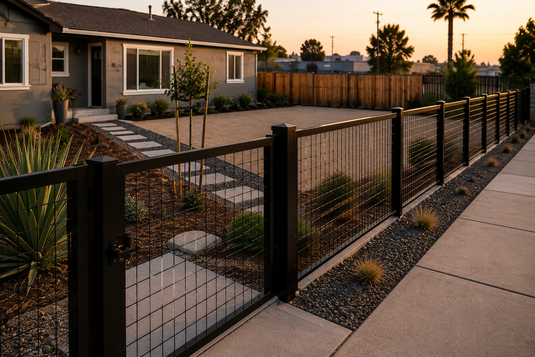Black steel hog wire fence installed around a modern Stockton rental property with xeriscape landscaping, concrete walkway, and Central Valley sunset lighting