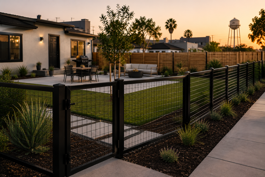 Modern black steel hog wire fence surrounding a landscaped Riverside backyard patio with outdoor seating, drought-tolerant plants, and warm Inland Empire sunset lighting