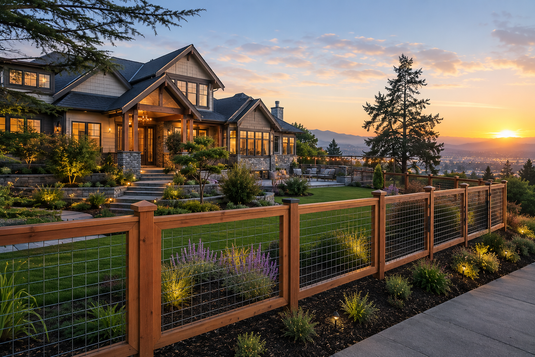 Luxury Fremont hillside home with cedar-framed hog wire fencing, manicured landscaping, outdoor lighting, and panoramic East Bay sunset views over a modern California property
