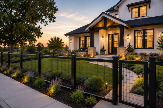 Modern Modesto farmhouse with black steel hog wire fencing, landscaped front yard, pathway lighting, and warm Central Valley sunset lighting around a luxury suburban property.