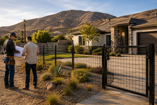 Modern Fontana, California home with black steel hog wire fencing and matching gate as a homeowner reviews plans with a fence contractor against the Inland Empire foothills at sunset.