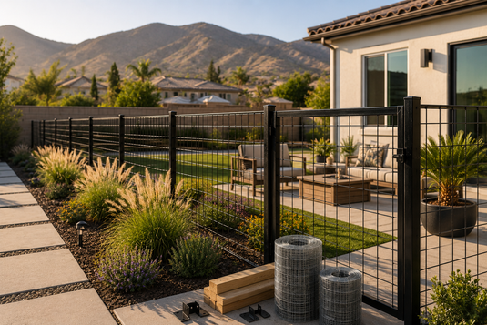 Modern Moreno Valley backyard featuring a black steel hog wire fence and matching gate, drought-tolerant landscaping, and a contemporary patio with Box Springs Mountain foothills in the background during golden hour.