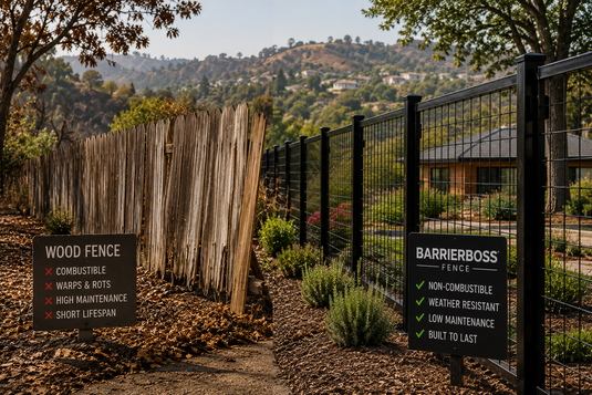 Weathered wood fence with warped and damaged boards beside a modern black steel hog wire fence on a Santa Rosa hillside property, highlighting fire-resistant fencing choices in a Wildland-Urban Interface (WUI) zone.