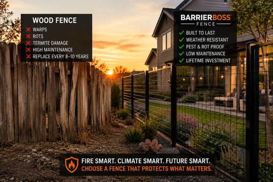 Black steel hog wire fence and gate next to an aging wood fence in an Elk Grove residential yard, showcasing a durable fencing solution for California's hot summers and wet winters.