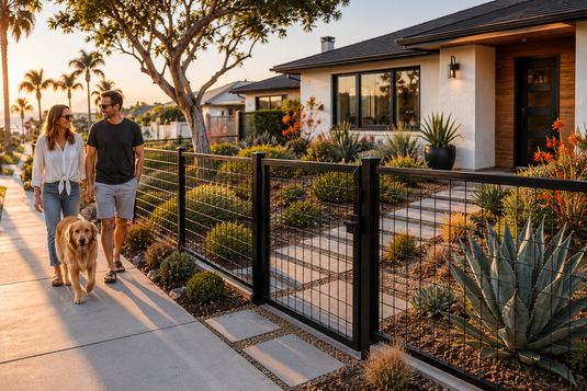 Black BarrierBoss hog wire fence surrounding a contemporary Oceanside property near the coast, featuring salt-air-resistant steel panels, coastal landscaping, and ocean views at golden hour.