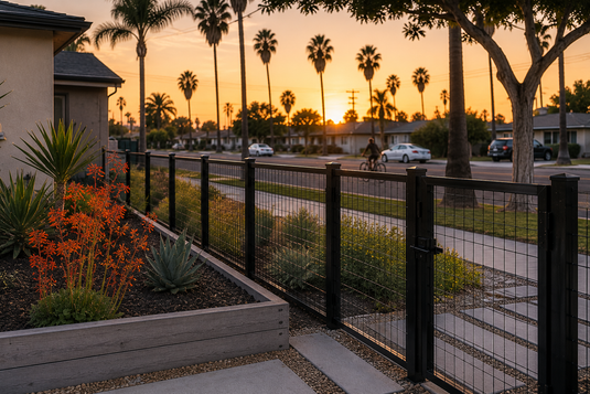 Modern BarrierBoss black hog wire fence installed in a Garden Grove residential front yard, featuring low-maintenance landscaping, open-grid steel panels, and a pedestrian-friendly neighborhood setting during golden hour.