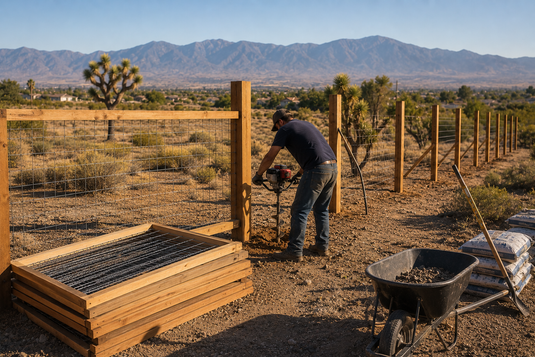 DIY cedar-framed hog wire fence installation on a high-desert Palmdale property, featuring pre-built wire panels, rocky soil, and expansive Antelope Valley views under clear California skies.