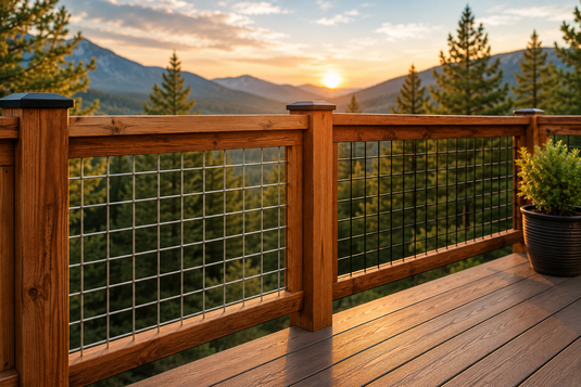 Premium cedar-framed hog wire deck railing overlooking a mountain valley at sunset, showcasing heavy-duty welded wire panels designed for long-term durability, minimal maintenance, and unobstructed outdoor views.
