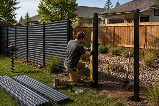 DIY installation of a corrugated metal privacy fence with black steel posts and horizontal metal panels, demonstrating a cost-effective BarrierBoss privacy fencing project for homeowners.