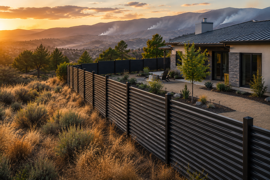 Fire-resistant corrugated steel privacy fence surrounding a home in a Wildland-Urban Interface area, creating defensible space between the property and surrounding dry vegetation.