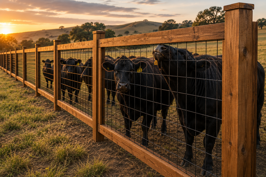 Black 6-gauge hog wire fence panels with full cedar framing containing cattle on a working ranch, highlighting a durable, low-maintenance alternative to traditional barbed wire fencing for livestock properties.