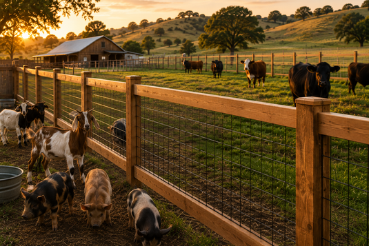 BarrierBoss cedar-framed hog wire fence with tight mesh spacing containing small livestock, showcasing the difference between hog panel and cattle panel fencing on a rural property.