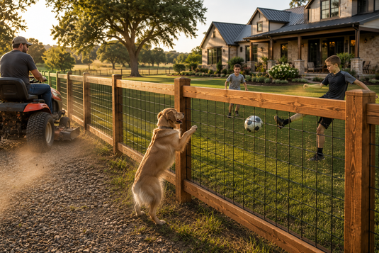 BarrierBoss cedar-framed 6-gauge hog wire fence on a residential acreage, showcasing the strength, impact resistance, and long-term durability of heavy-gauge welded wire fencing compared to standard wire fence materials.