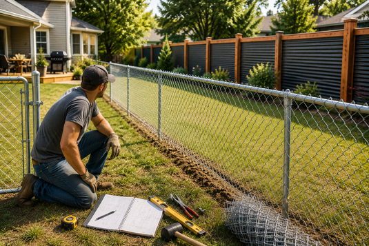 DIY chain link fence installation project in a suburban backyard with fencing tools and materials, alongside a modern cedar-framed corrugated metal privacy fence showcasing an upgraded privacy fencing alternative.