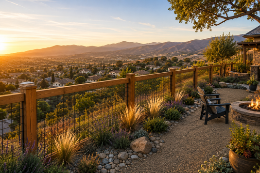 BarrierBoss cedar-framed black hog wire fence on a Simi Valley hillside property, providing open sightlines to the Simi Hills while offering durable, low-maintenance fencing suited for wildfire-prone California landscapes.