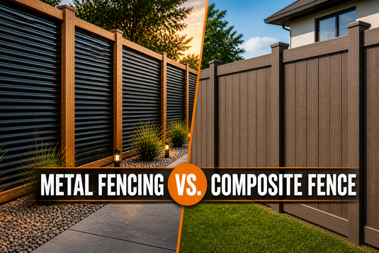 Metal fencing vs composite fence comparison showing black corrugated metal fence with wood posts beside brown composite privacy fence