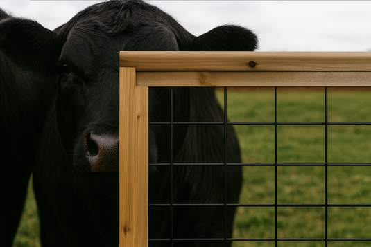 Black Clow Standing Behind The Angus Cattle Panel Fencing