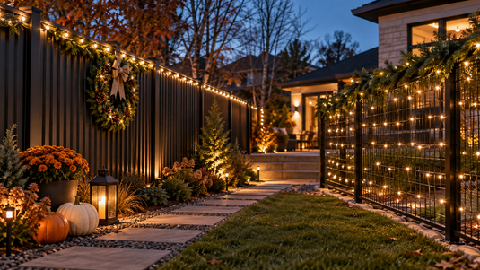 BarrierBoss corrugated metal fence and black hog wire fence decorated with warm string lights and garland in a landscaped backyard, showing holiday lighting ideas for metal fencing in the fall and winter season.