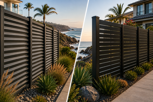 BarrierBoss corrugated steel and aluminum privacy fencing compared on coastal U.S. properties near the ocean.