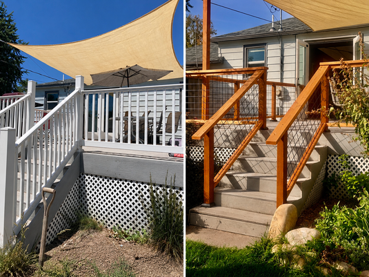 Before and after: a white plastic deck railing replaced with a custom wood-framed black hog wire railing in Boise, Idaho
