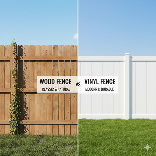Side by Side Comparison of a Traditional Wood Fence and a Modern White Vinyl Fence