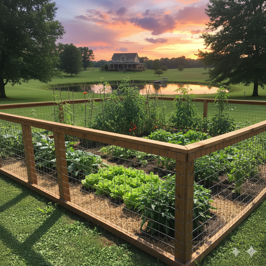 Galvanized silver wire mesh panels frame in KDBT lumber protect a vegetable garden in a grassy backyard