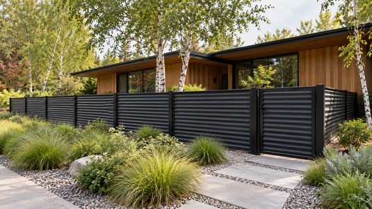 Black horizontal corrugated metal fence beside a timber home and landscaped front garden.
