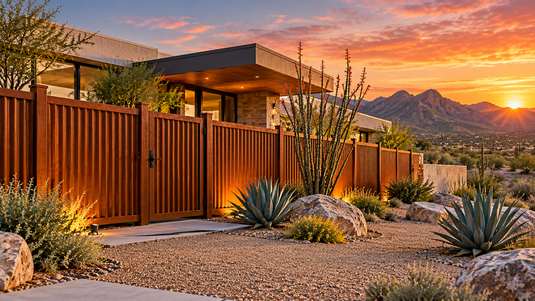 BarrierBoss corrugated Corten steel privacy fence and matching gate beside a modern desert home at sunset, with agave, boulders and mountain views.