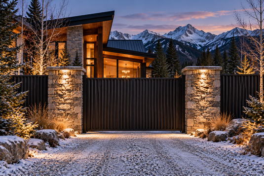 Black steel gate between granite stone piers at the entrance of a mountain modern home with snowy peaks behind at dusk