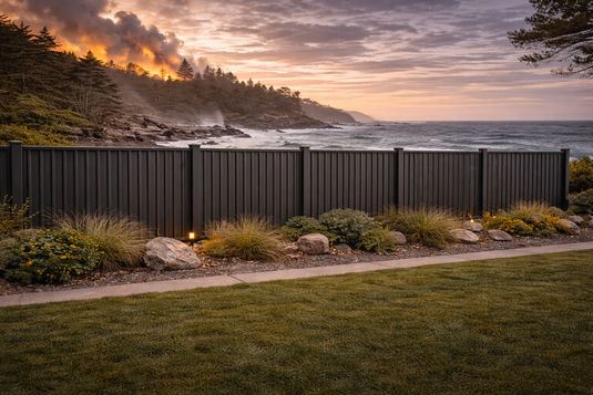 Coastal metal privacy fence installed along a California oceanfront property, designed to resist salt spray, wind, and wildfire embers.