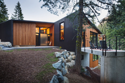 Modern cabin with vertical metal siding installed.