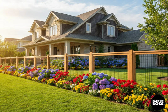 Stylish framed cattle panel fencing installed along fence line of beautiful suburban home.