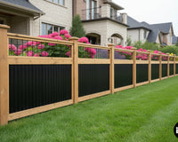 The Sandstone panel by BarrierBoss shown here, is a corrugated steel panel topped with hog wire that provides a beautiful and private fencing option.
