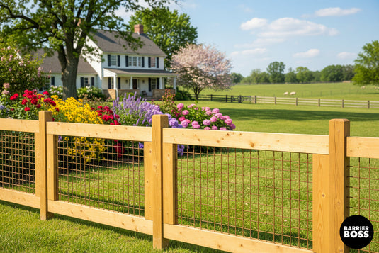 Modern farmhouse with gorgeous hog wire fence panels installed along property.