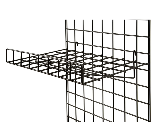 Close-up of black steel gridwall panel with metal shelf hook accessory attached