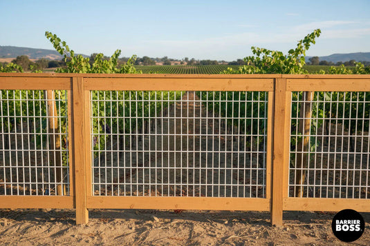 Silver hog wire fence panels installed throughout a vineyard