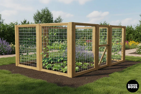 Silver hog mesh panels framed in KDBT lumber protecting a small garden.