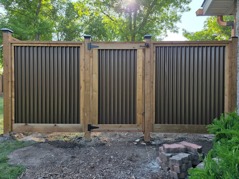 Load image into Gallery viewer, Corrugated Metal Fence Panel - Treated Frame Privacy Fence (Premade) - The Yellowstone
