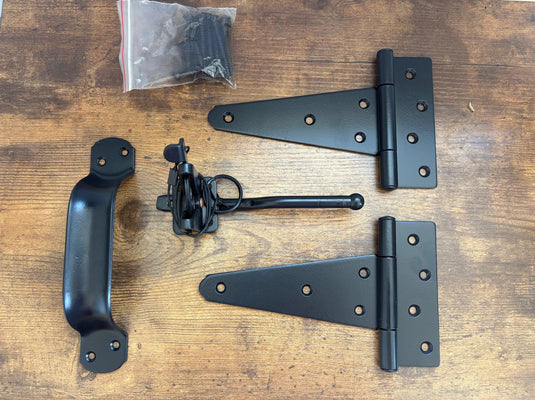 Universal Black Gate Hardware Kit — two heavy-duty black T-hinges, gate pull handle, lockable gravity latch and fastener pack - BarrierBoss™
