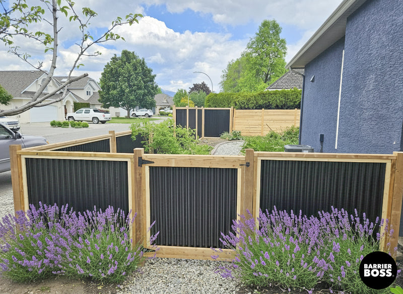 Load image into Gallery viewer, Corrugated Metal Fence Panels - Cedar Framed Privacy Fence (Premade) - The Malibu - BARRIERBOSS™ USA
