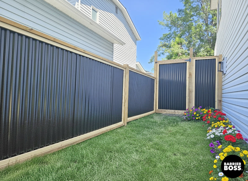 Load image into Gallery viewer, Corrugated Metal Fence Panels - Cedar Framed Privacy Fence (Premade) - The Malibu - BARRIERBOSS™ USA
