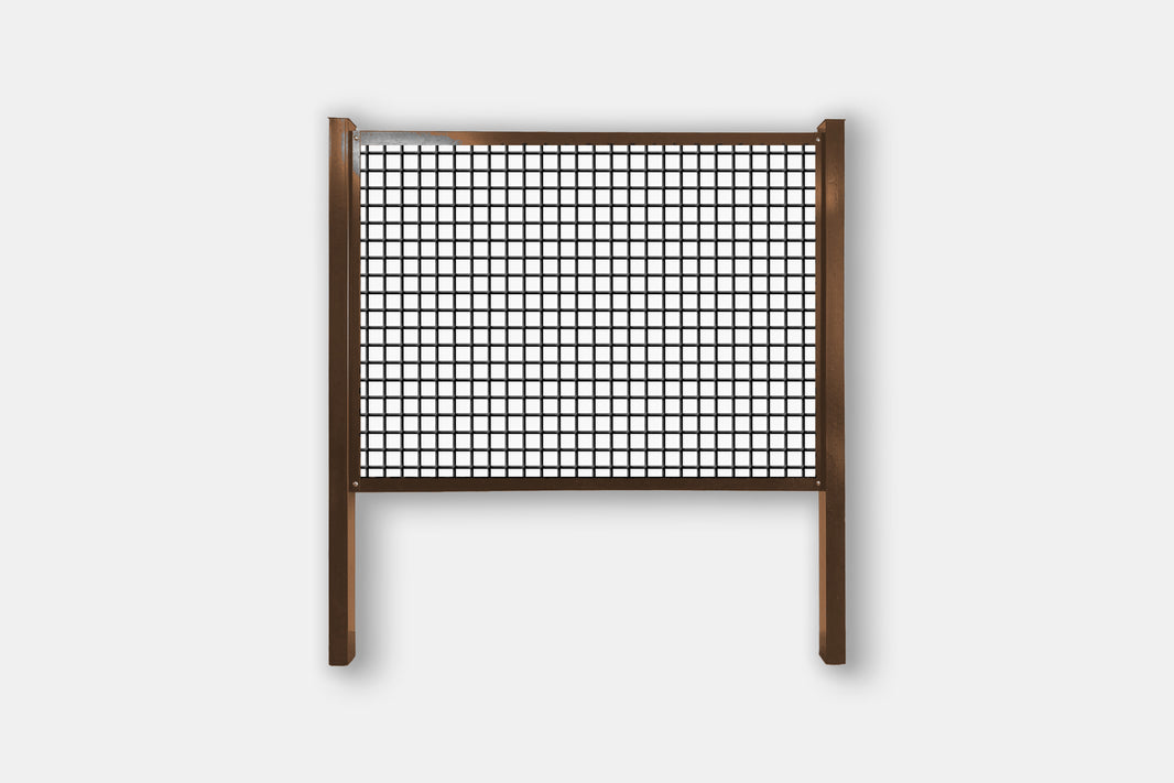 Brown frame hog wire fence kit with 2" x 2" black welded mesh, steel posts and rails