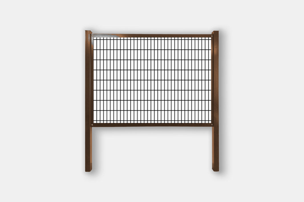 Brown frame hog wire fence kit with 2" x 6" black welded mesh, steel posts and rails