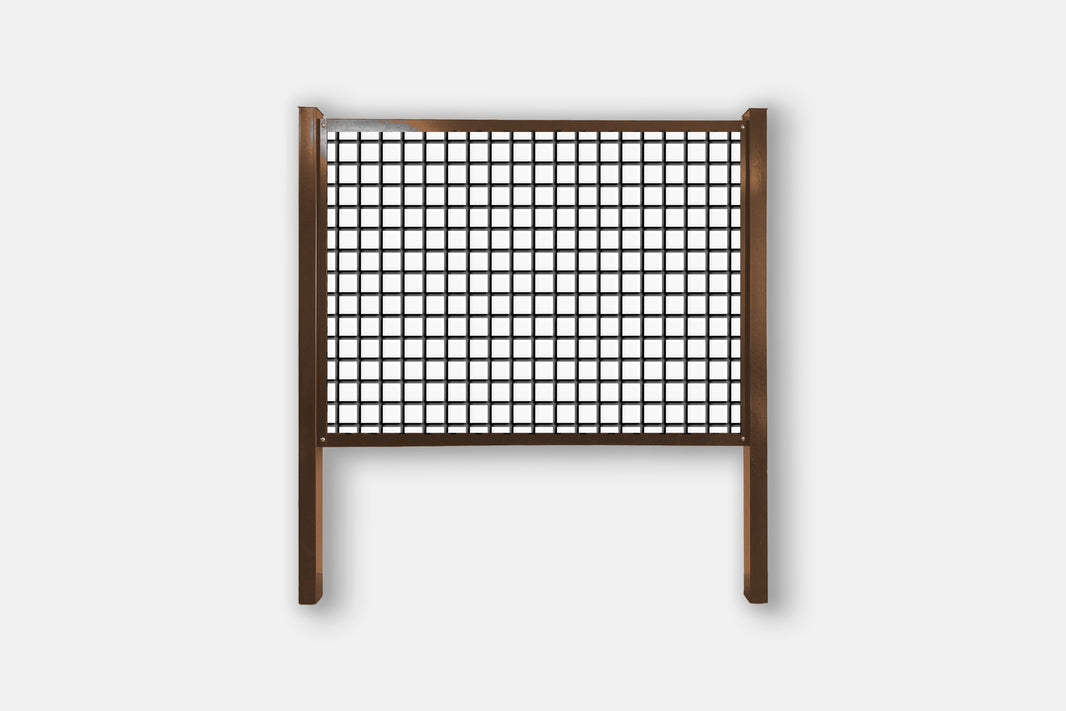 Brown frame hog wire fence kit with 4" x 4" black welded mesh, steel posts and rails