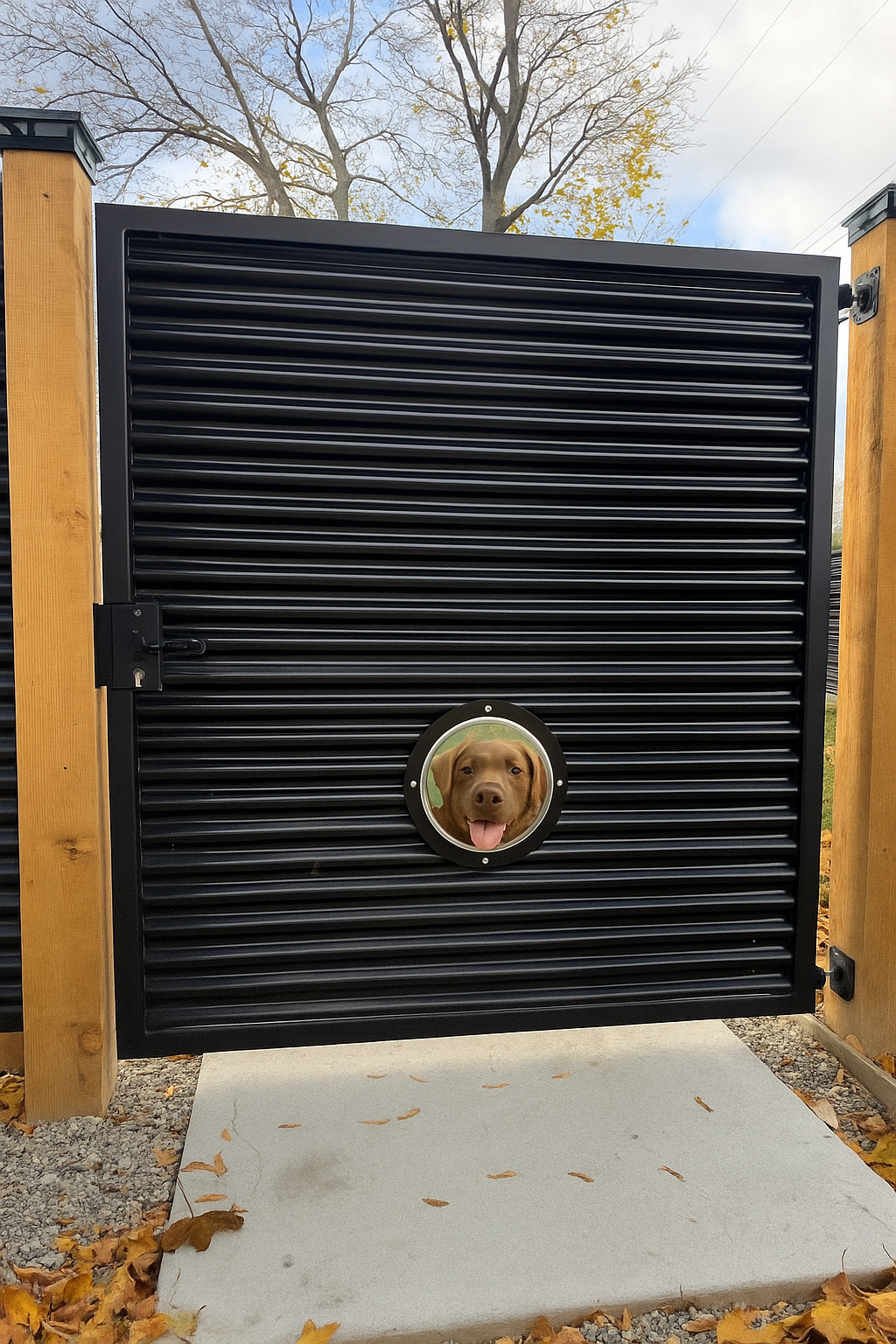 Black metal gate with a circular window 