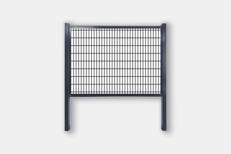 Load image into Gallery viewer, Grey frame cattle panel fence kit with 2" x 6" black welded mesh, steel posts and rails
